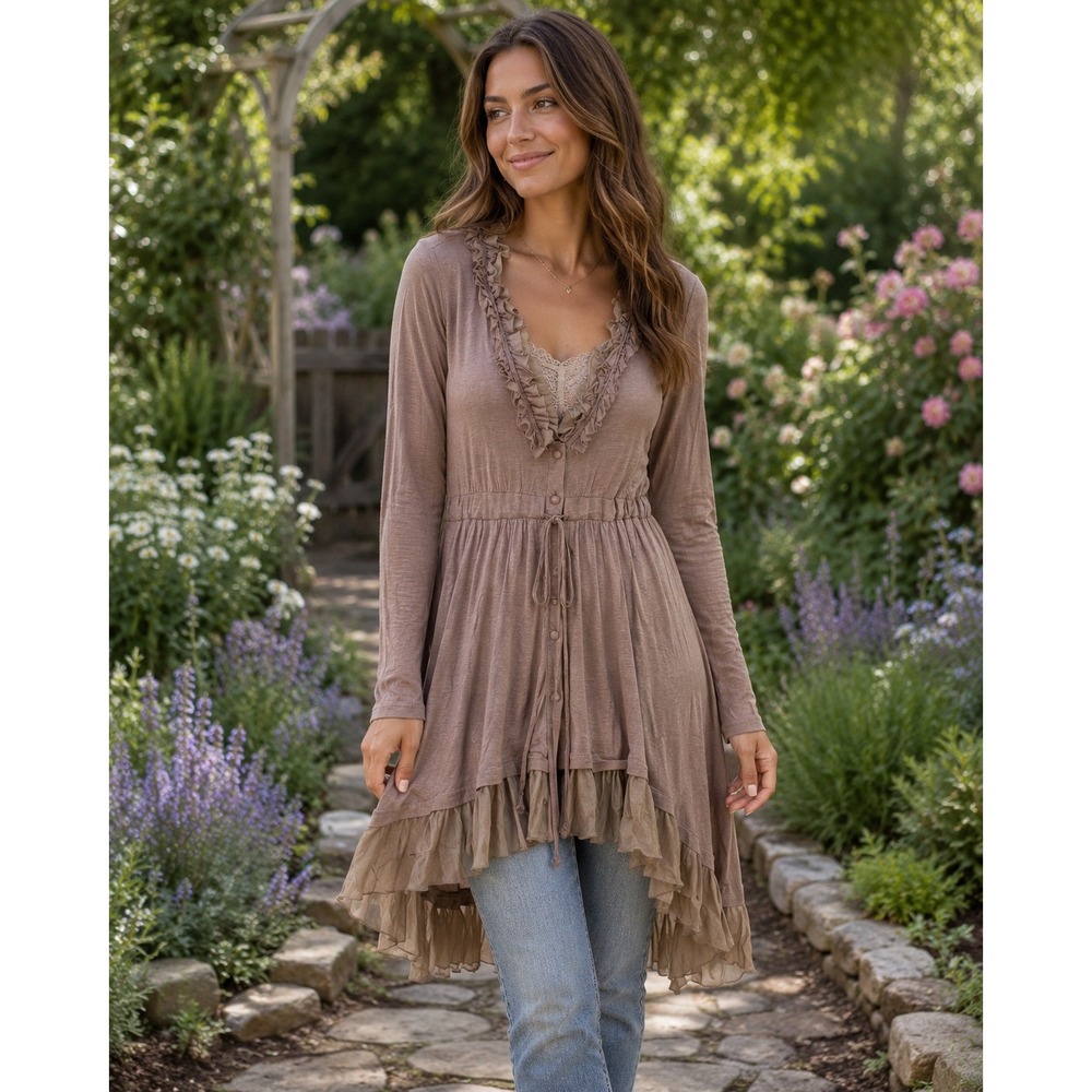 Anthropologie A'reve Taupe Boho Ruffle Tunic Top Silk Blend S Cardigan Fairy